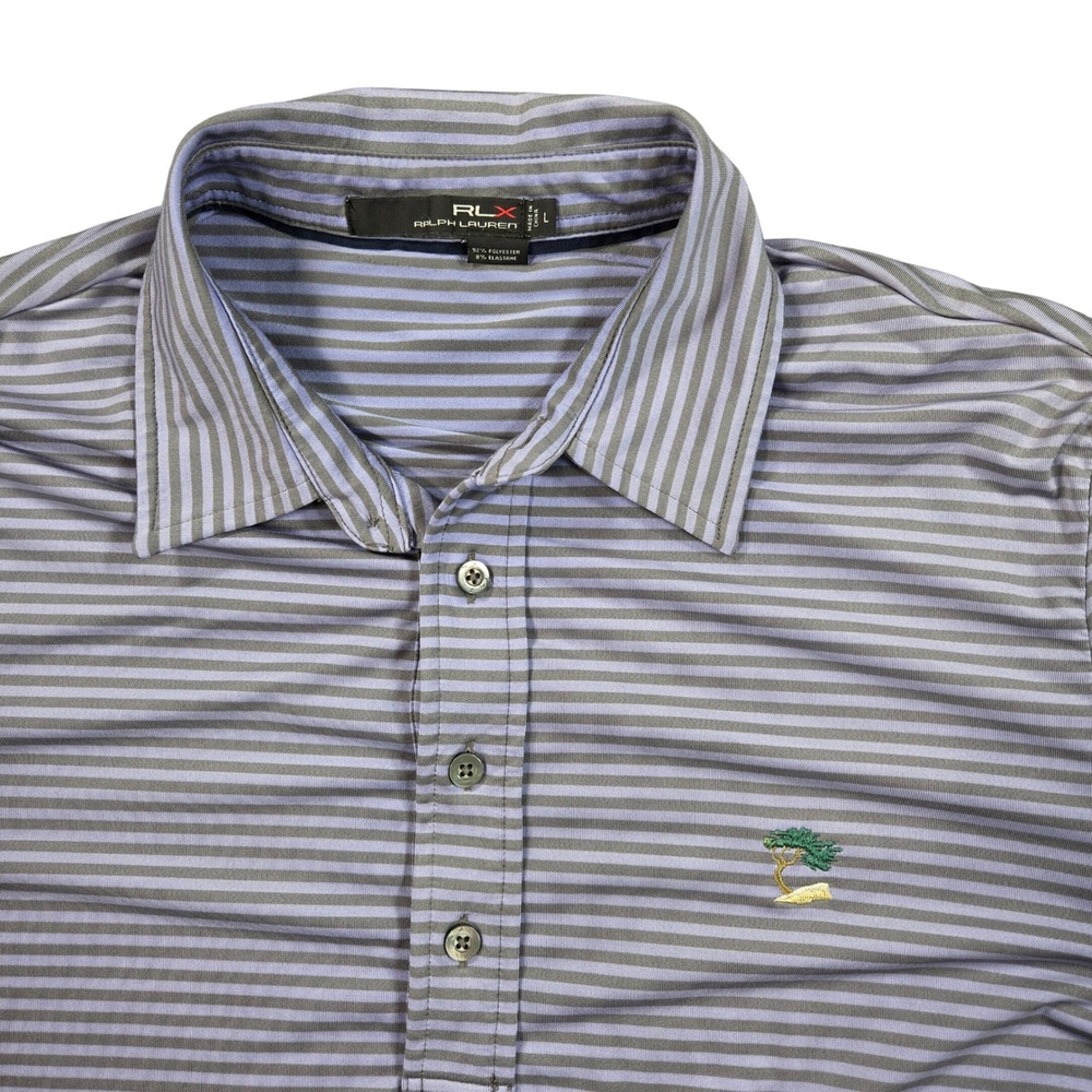 RLX Ralph Lauren Polo Shirt Mens Large Purple Striped Golf Cypress Point Tree